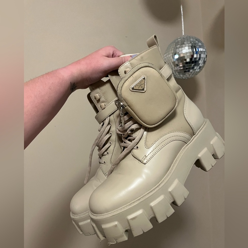 Prada Monolith Combat Boots in Desert Sand Beige